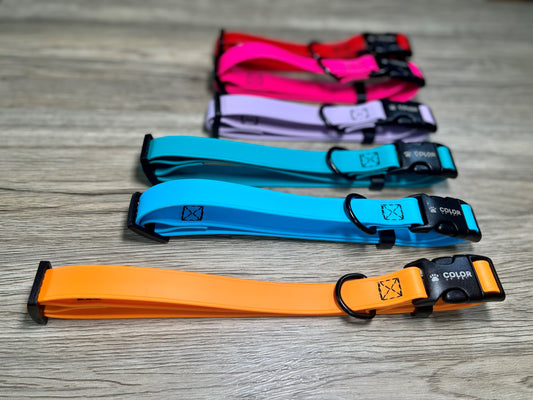 3/4" Width Adjustable Biothane Collars with side release buckle. Waterproof, won't hold odors and easy to clean. Will not trap moisture against dogs coat and extremely durable.