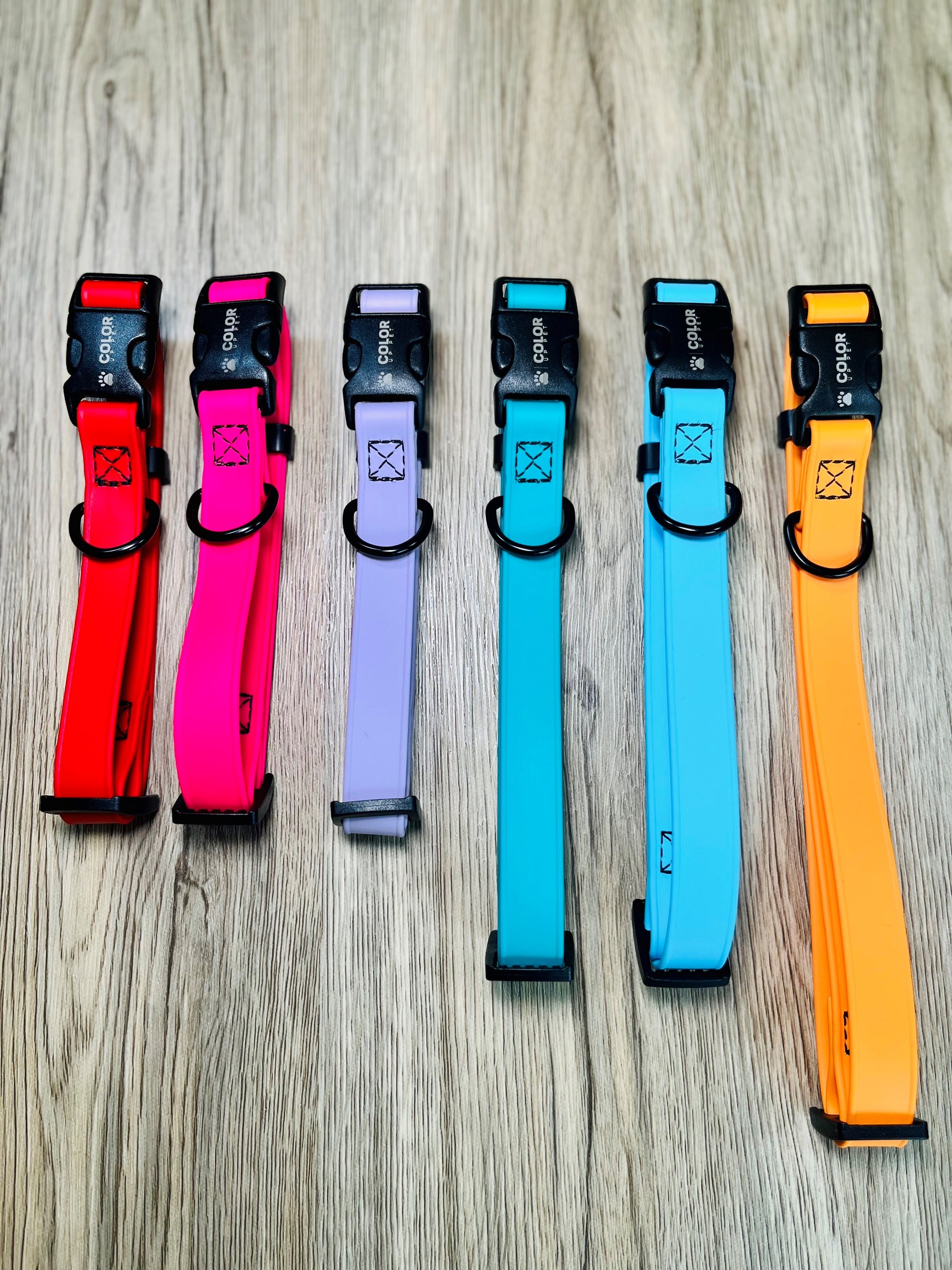 3/4" Width Adjustable Biothane Collars with side release buckle. Waterproof, won't hold odors and easy to clean. Will not trap moisture against dogs coat and extremely durable.